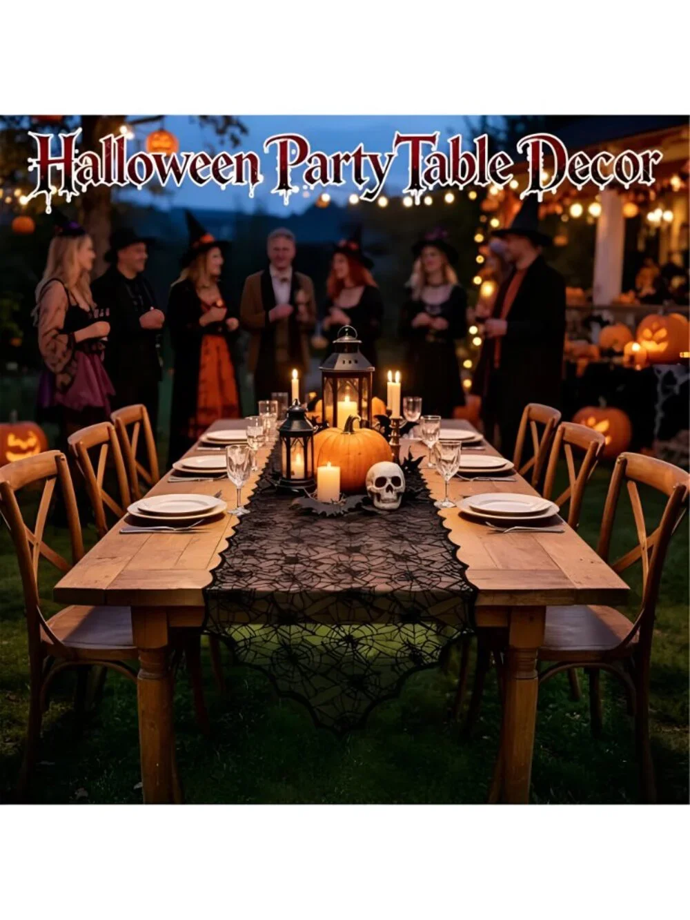 18 x 72 Inch Halloween Table Runner - 2 Pcs Black Lace Runner with Spider Web